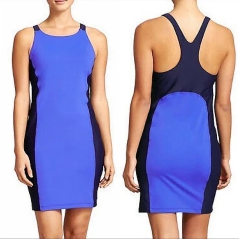 Athleta Two Tone Caspian Blue Swim Dress Sz L Blue/ Navy Surf Paddleboard